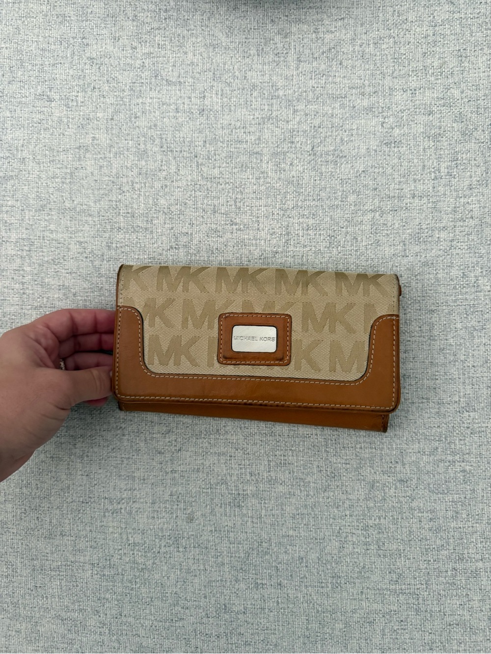 Michael Kors Beige Signature Continental Wallet with Tan Trim